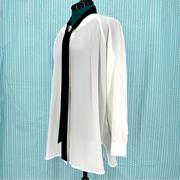 Cabi Tuxedo Blouse # 3421, White Semi-Sheer Long Sleeve with Black Tie, Small - Picture 6 of 16